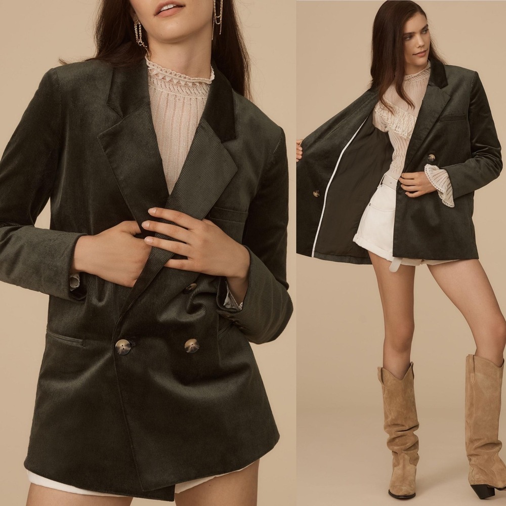 Anthropologie Maeve Green Corduroy Double Breasted‎ Blazer Jacket Womens Size 4